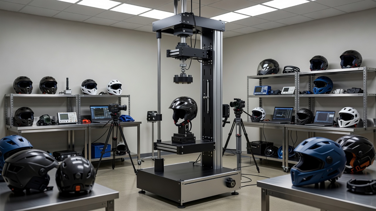 General helmet research laboratory with an impact testing rig viewed under soft neutral lighting