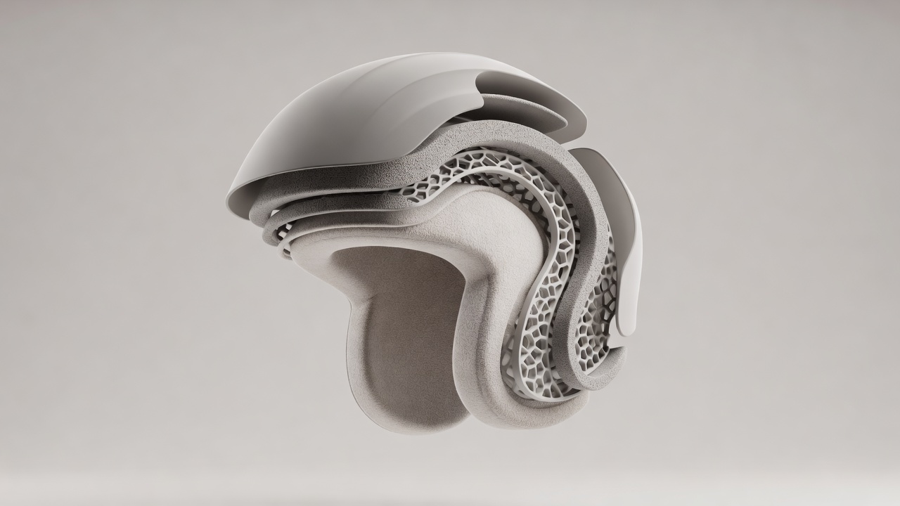 Soft-lit conceptual cutaway showing an outer helmet shell and energy-managing liner layers
