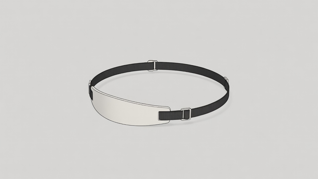 Neutral-background illustration of a helmet retention strap and rear fit adjustment system