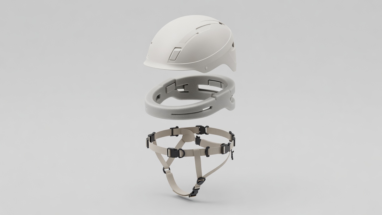 Conceptual helmet engineering render showing shell, liner and retention components on a neutral field